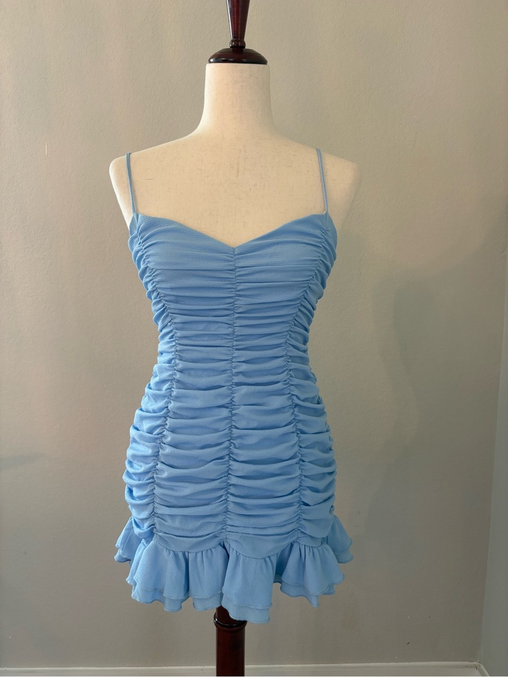 Lucy in the Sky Powder Blue Ruched Mini Ruffle Dress Medium Hoco Party Bodycon